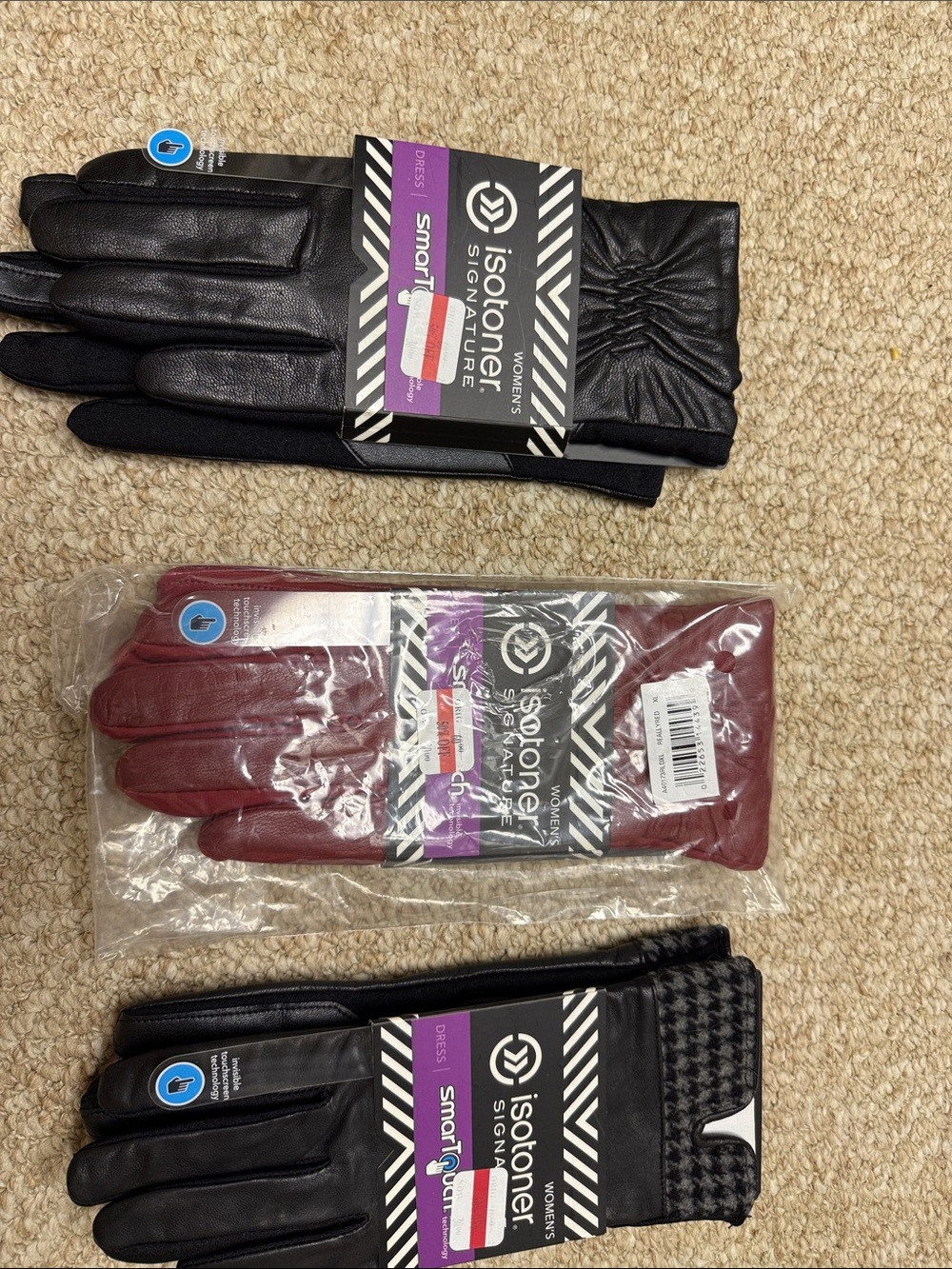 isotoner Woman’s Smartouch Leather Gloves - Black and Burgundy